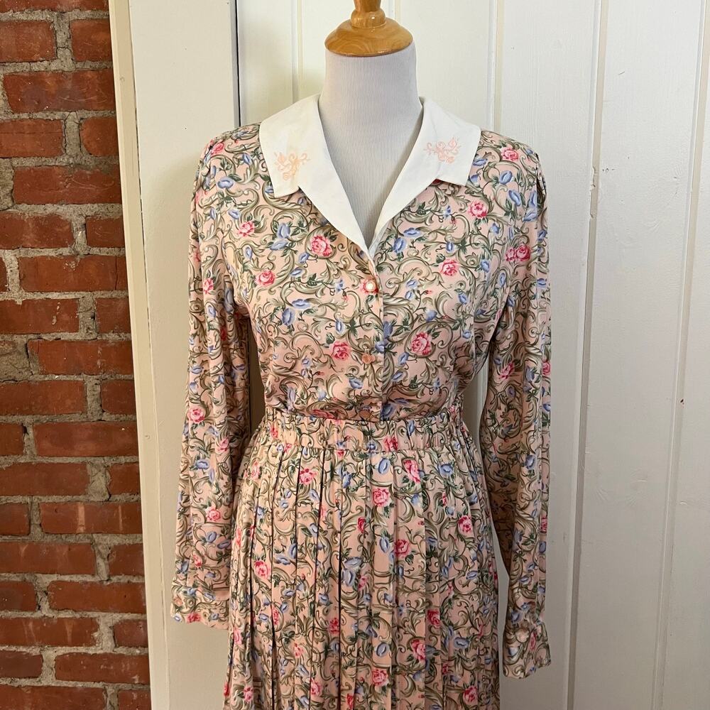 Vintage 90s Susan Bristol Floral Rayon Matching Skirt Blouse Set Pink USA 8 - Picture 2 of 13